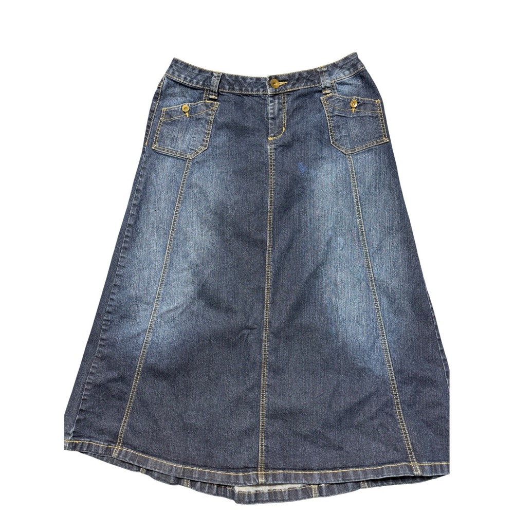 Fashion Bug Womens 16W Dark Wash Denim A-Line Maxi Skirt Front Pockets Stretch